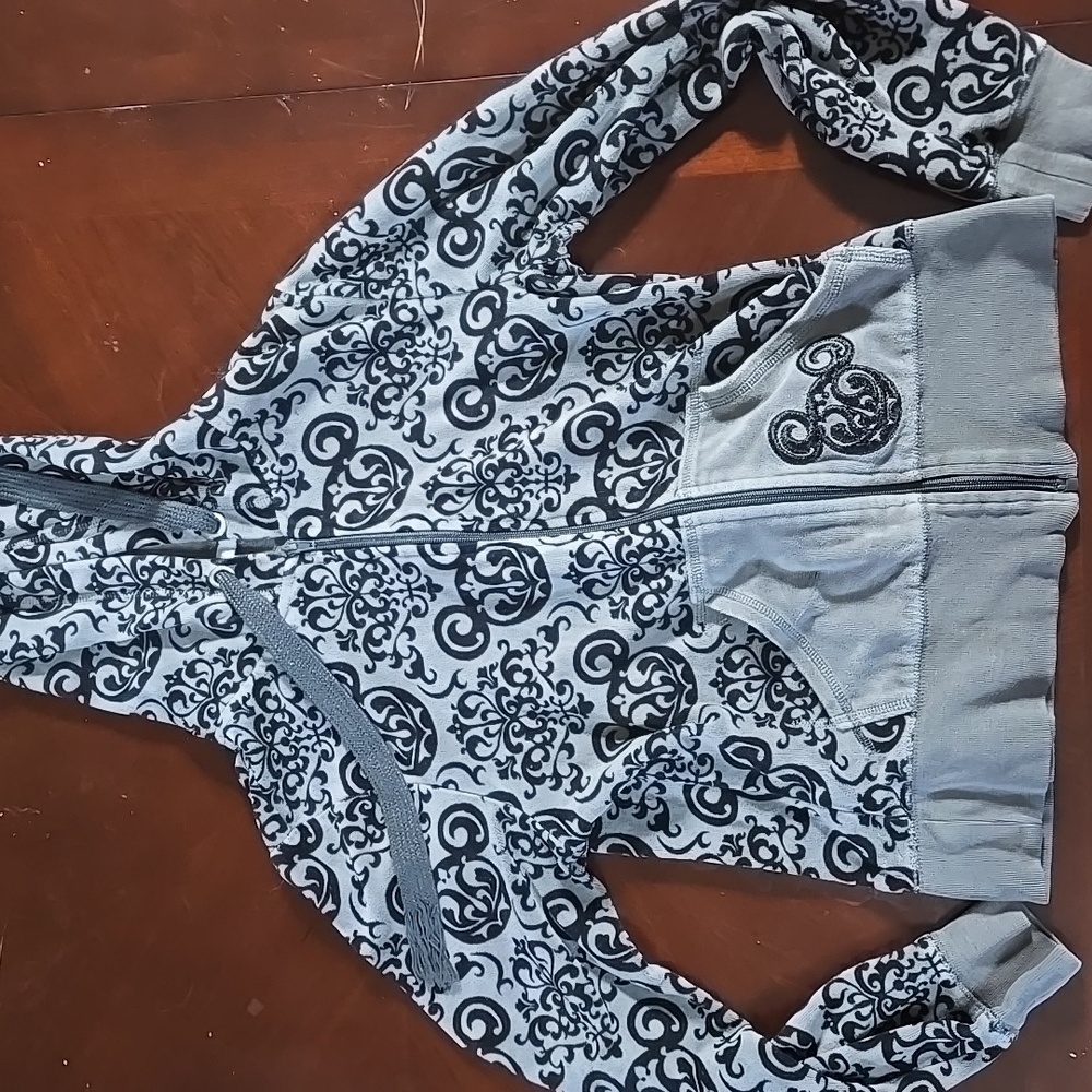 Disney Parks Hoodie Haunted Mansion Mickey Grey & Black Full Zip Velour Sz S GUC